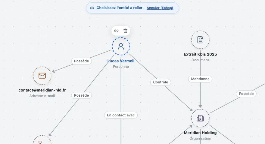 Une carte en cours de liaison : l'entité de départ est mise en avant et un bandeau invite à choisir l'entité d'arrivée.